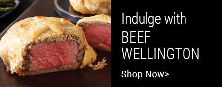 Indulge with beef wellington banner.